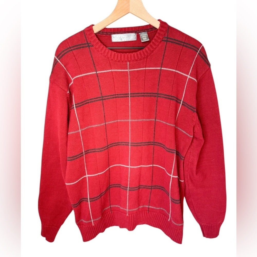 Oscar De La Renta Mens Vintage Brick Red Crew Neck Cotton Plaid Sweater Sz XL